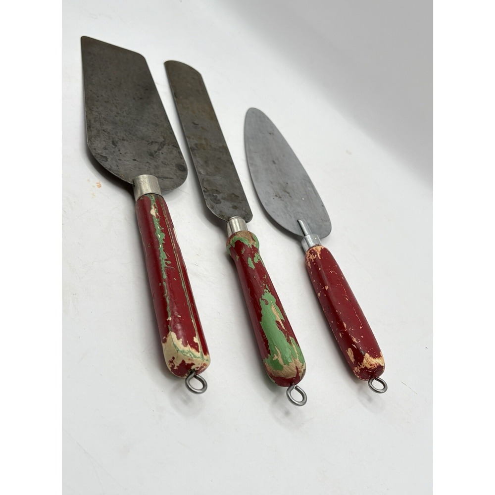 Lot of 3 Vintage Antique Kitchen Utensils, Chippy Red Paint,  Farmhouse